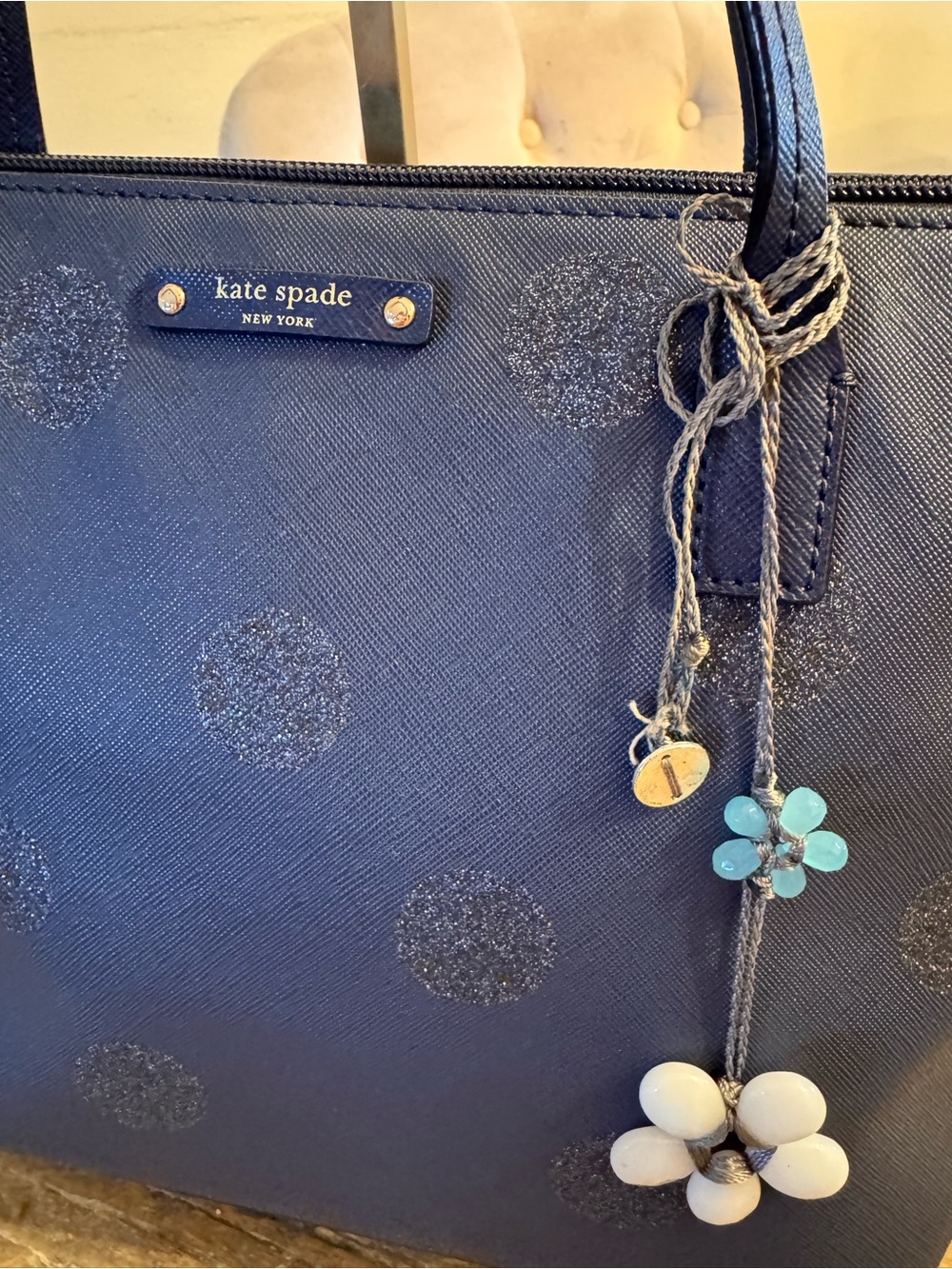 kate spade navy glitter polka dot tote with floral charm - Picture 2 of 16